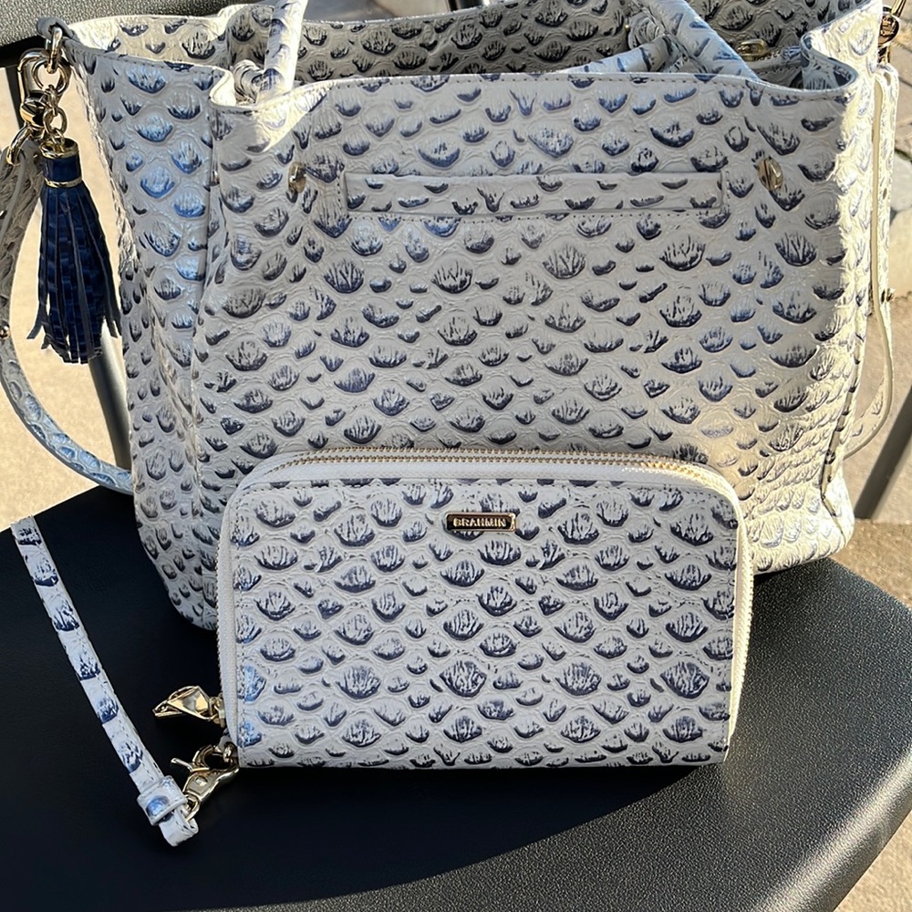 Large Blue and Ivory Brahmin Handbag